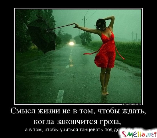 Смысл жизни не в том чтобы ждать когда закончится гроза, а в том чтобы научиться танцевать под дождем