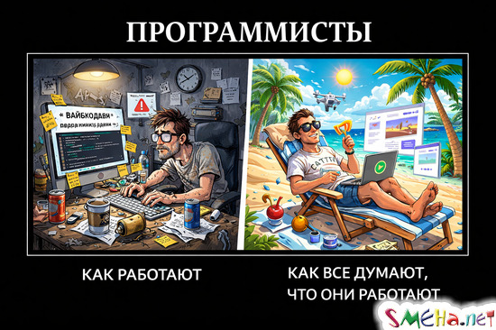 Демотиваторы о программистах, вайбкодерах, ИИ, работе в офсе и на удаленке