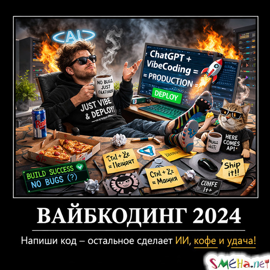 Демотиваторы о программистах, вайбкодерах, ИИ, работе в офсе и на удаленке
