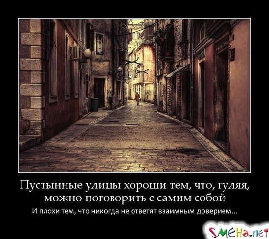 Пустынные улицы хороши тем, что, гуляя, можно поговорить с самим собой - И плохи тем, что никогда не ответят взаимным доверием